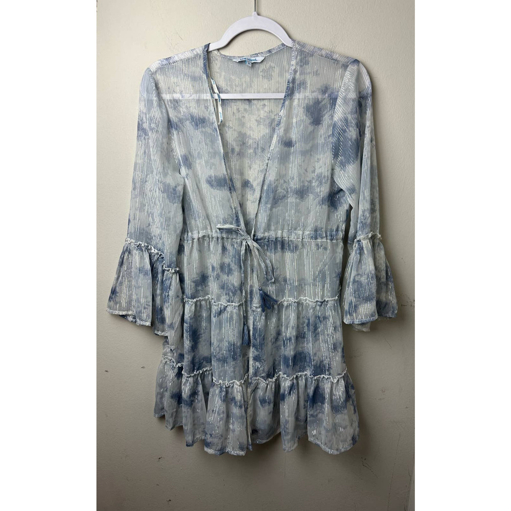 Blue Island Women's Swim Cover Up Metallic Tiered Ruffle Tie Small